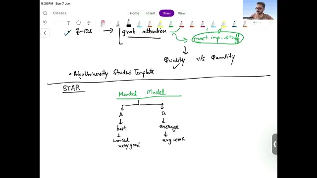 A recorded Leap live class: a mentor working through resume structure on an annotated whiteboard